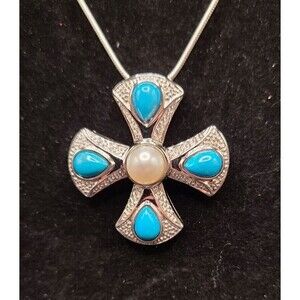 Affinity EA Signed Turquoise Pearl Maltese Cross 925 Sterling Pendant Vintage
